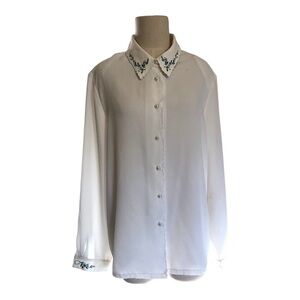 1980s Vintage Embroidered White Pearl Button-Up Blouse Size 14